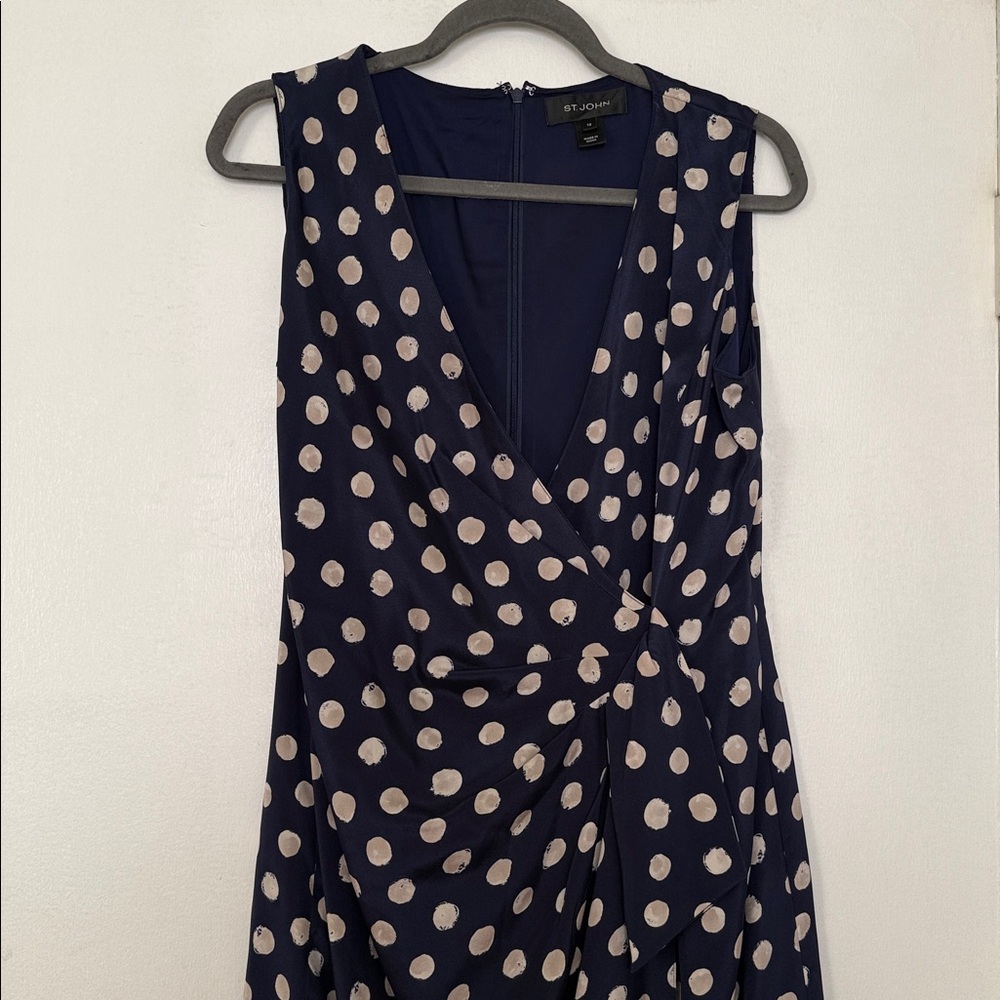 St. John Silk Wrap Dress Blue Polka Dot
